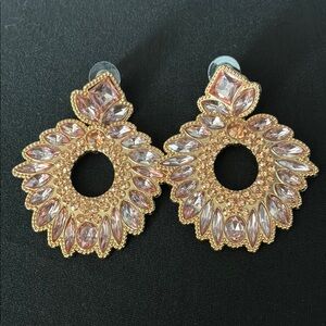 Elegant Gold Tone and Pink Statement Earrings